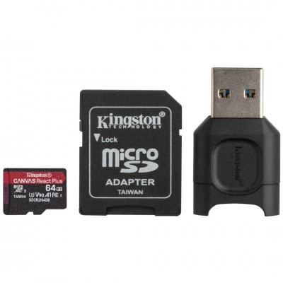 SD MICRO kártya 64GB Kingston Canvas React Plus CL10 UHS-II U3 + adapter
